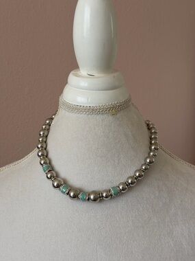 Authentic Givenchy 19" Silver-Tone Bead Necklace with Teal & Pavé Accents